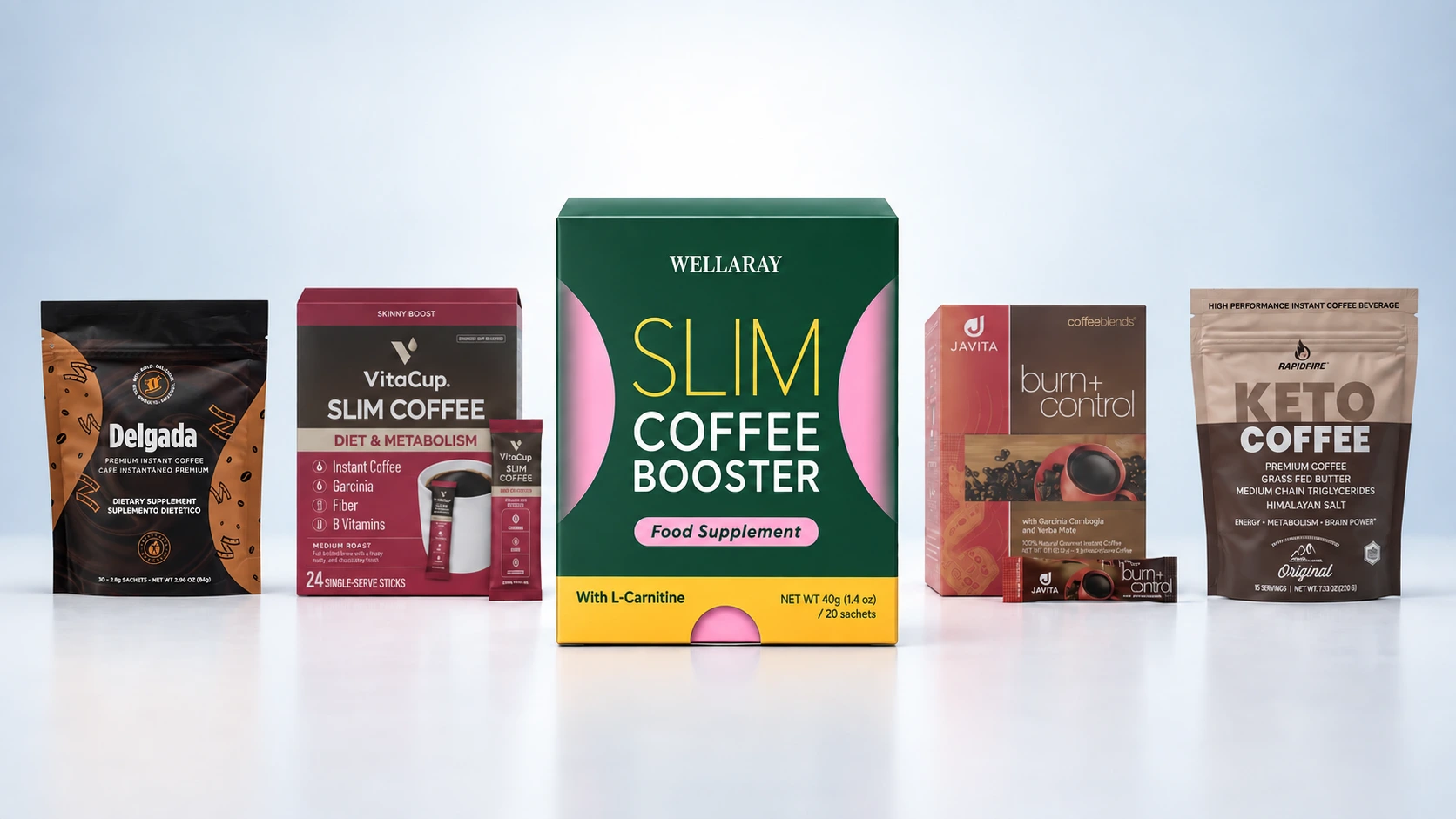 Five weight-loss coffees and coffee boosters compared side by side, with Wellaray featured in the center